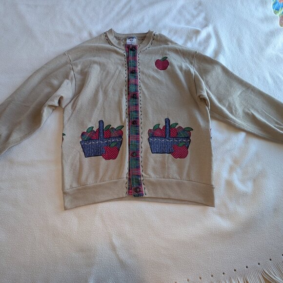 Jerzees Cardigan Beige Fleece Long Sleeve Button up Patchwork Large Unisex EUC - Picture 2 of 16